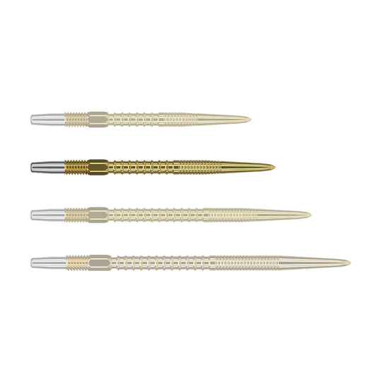 Pointes de fléchettes Target Swiss Firepoint Gold Das Bild zeigt vier goldfarbene Dartspitzen, die nebeneinander liegen. Die Spitzen haben einen silbernen Ansatz und eine gerillte Struktur.