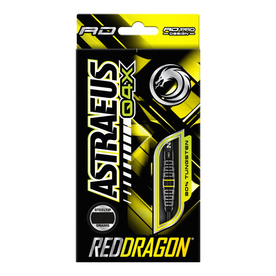 Fléchettes en acier Red Dragon Astraeus Q4X Torpedo Die Abbildung zeigt die Verpackung der "Red Dragon Astraeus Q4X Torpedo Steeldarts". Das Design ist überwiegend schwarz und gelb, mit auffälligem Markenschriftzug und einer sichtbaren Abbildung eines Darts.
