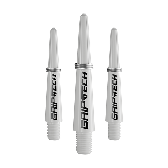 Tiges GOAT Griptech - Blanches Das Bild zeigt drei silberne Dartschäfte mit der Aufschrift "GRIPTECH". Sie sind aus Kunststoff und haben ein Schraubgewinde am unteren Ende.