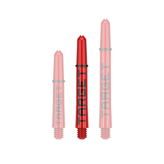 Tiges Target Pro Grip TAG - 3 jeux - Rouge Das Bild zeigt drei rote Dartschäfte in verschiedenen Längen. Auf den Schäften steht in schwarzer Schrift das Wort "TARGET".