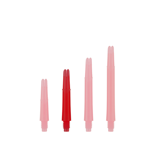 Arbres en L verrouillés droits - Rouge Auf dem Bild sind vier rote, gerade Dartschäfte in unterschiedlichen Längen zu sehen. Sie stehen nebeneinander aufrecht vor einem weißen Hintergrund.