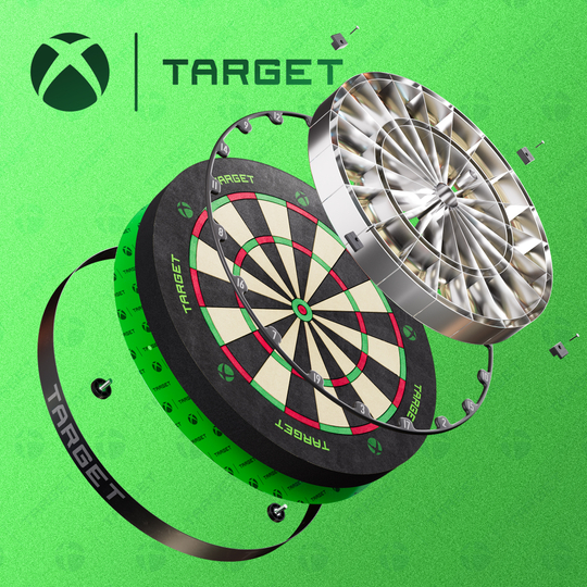 Pack de fléchettes et de jeux de fléchettes Target Xbox Zu sehen ist das Target Xbox Dartboard Surround Bundle. Es bietet Zubehör für Dartbegeisterte.