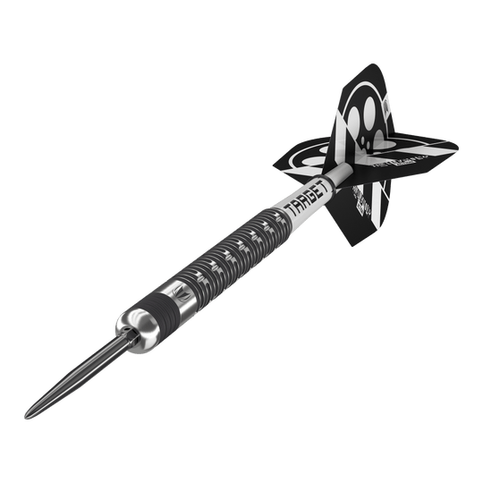 Target Chris Dobey Hollywood Action Swiss Point Steeldarts Auf dem Bild ist der Target Chris Dobey Hollywood Action Swiss Point Steeldart zu sehen. Der Dartpfeil hat ein modernes, schwarzes und silbernes Design mit auffälligen Flights.