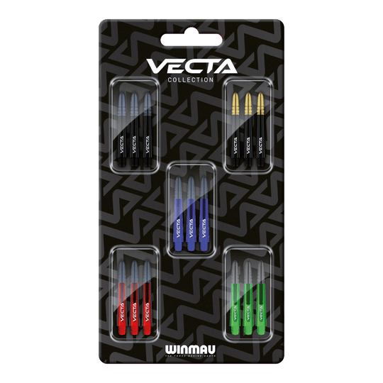 Abgebildet ist die Winmau Vecta Shaft Collection. Diese Produkte sind hochwertige Dartschäfte.