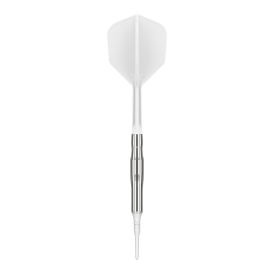 Fléchettes souples Target Japan Crux Brave - 18,5 g Das Bild zeigt einen weißen Softdart mit silbernem Schaft. Es handelt sich um das Produkt "Target Japan Crux Brave Softdarts - 18,5g".