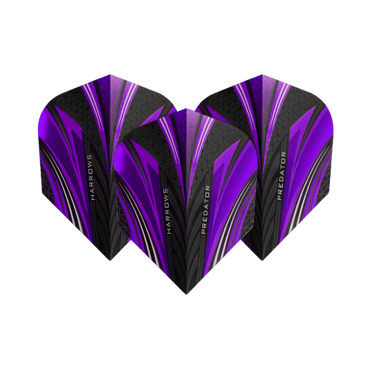 HR7523_Harrows_Prime_Predator_Purple_No2_Standard_Flights_14HUTV68H2qTYT Das Bild zeigt drei Dart-Flights mit dem Namen "Harrows Prime Predator Purple No2 Standard Flights". Sie sind in den Farben Lila, Schwarz und Silber mit einem modernen Design gestaltet.