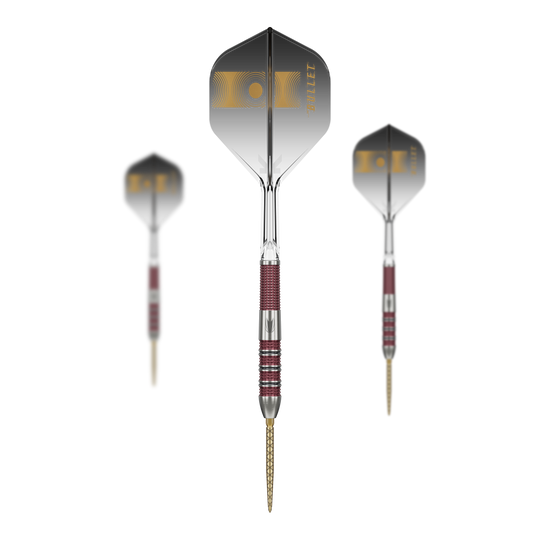 Fléchettes en acier à pointe suisse Target Stephen Bunting 95K Das Bild zeigt drei Target Stephen Bunting 95K Swiss Point Steeldarts. Die Darts haben schwarze Flights mit goldenen Akzenten und einen rot-silbernen Griffbereich.