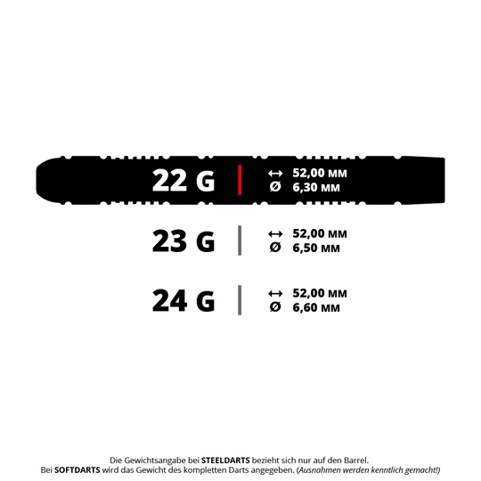 Hier sind die Target Chris Dobey 95K SP Steeldarts mit einem Gewicht von 22g zu sehen. Die Pfeile sind detailliert dargestellt und gut erkennbar.
