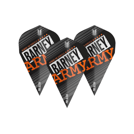 Das Bild zeigt drei schwarze Dart-Flights mit der Aufschrift "Barney Army" in weißer und orangefarbener Schrift. Auf den Flights steht außerdem "Pro Ultra" und sie haben ein Streifendesign.