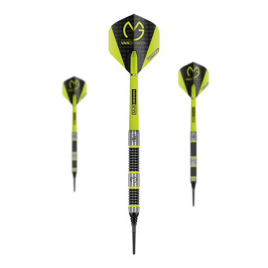 Winmau Michael Van Gerwen MvG Aspire Fléchettes souples - 20 g Das Bild zeigt drei gelb-schwarze Softdarts der Marke Winmau Michael Van Gerwen MvG Aspire mit einem Gewicht von 20 Gramm. Auf den Flights ist das MvG-Logo gut sichtbar.