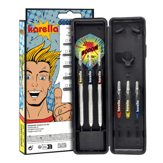 Fléchettes en acier Karella Comic Line CL-2 - 23 g Hier sind die Karella Comic Line CL-2 Steeldarts mit einem Gewicht von 23g abgebildet. Die Darts sind speziell für den Einsatz im Wettkampf gedacht.