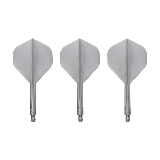 Das Bild zeigt drei silberne Dart-Flights des Produkts "Condor AXE Metallic Flight-System Pearl Silver - Standard". Die Flights sind in einer Reihe nebeneinander angeordnet.
