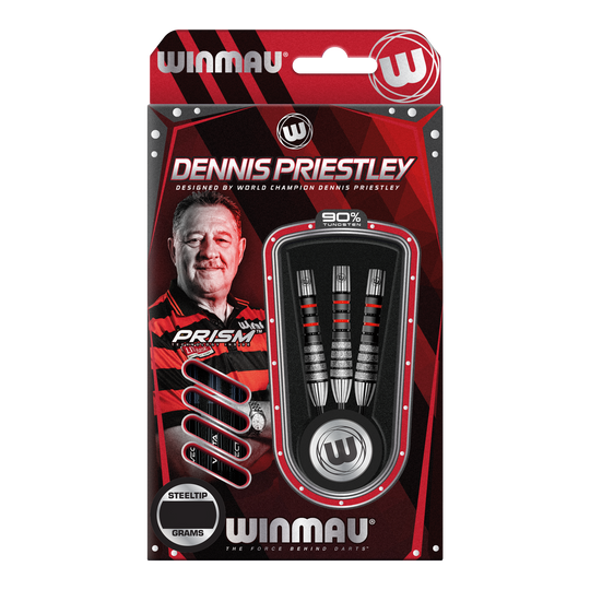 Fléchettes en acier Winmau Dennis Priestley Diamond 3-Zero Das Bild zeigt die Verpackung der Winmau Dennis Priestley Diamond 3-Zero Steeldarts. In der Packung sind drei hochwertige Steeldarts aus 90% Tungsten zu sehen.