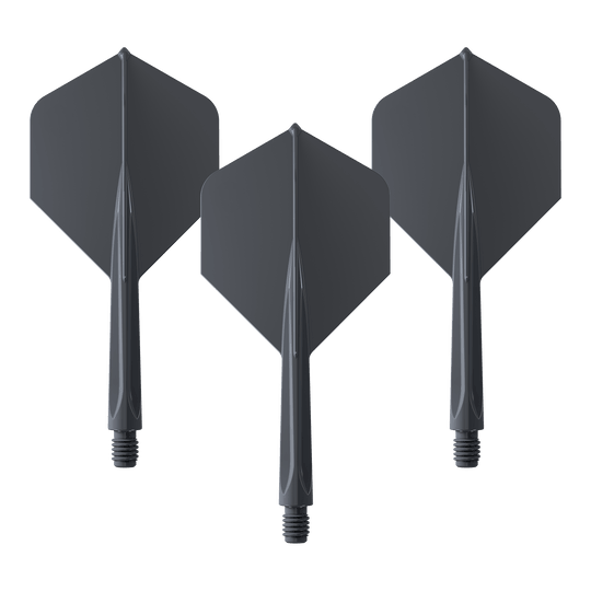 Ailettes standard Unicorn Forge All In One Plus No2, noires - Moyennes Das Bild zeigt drei schwarze Dartflights mit integriertem Schaft in mittlerer Größe. Es handelt sich um das Produkt "Unicorn Forge All In One Plus No2 Standard Flights Schwarz - Medium".