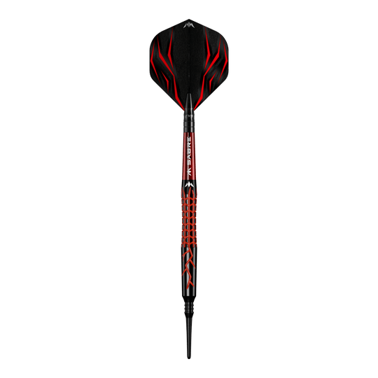 Fléchettes en mousse Mission Lava - 20 g Dies ist der Mission Lava Softdart mit einem Gewicht von 20 Gramm. Er hat ein auffälliges Design in Schwarz und Rot mit roten Flammenmustern.