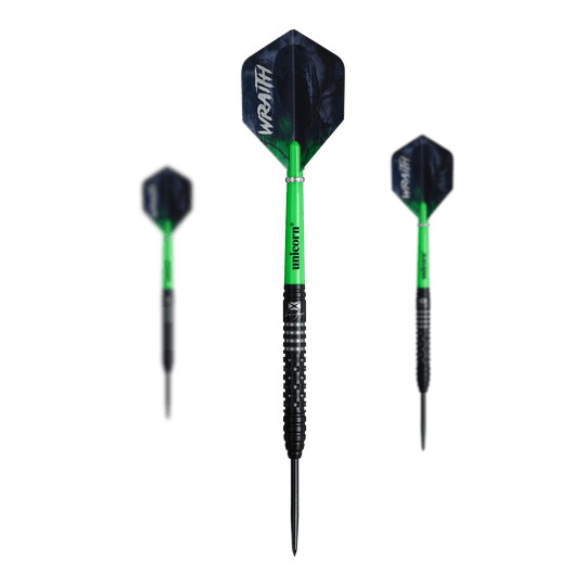 Fléchettes en acier Unicorn Wraith Cameron Menzies - 23 g Auf dem Bild sind die Unicorn Wraith Cameron Menzies Steeldarts - 23g zu erkennen. Es handelt sich um ein Set mit Steeldarts in silberner Farbe.