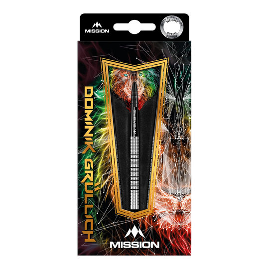 Die Abbildung zeigt die Verpackung der "Mission Dominik Grüllich Steeldarts - 23,5g". Die Verpackung ist bunt gestaltet und zeigt einen einzelnen Dartpfeil in der Mitte.
