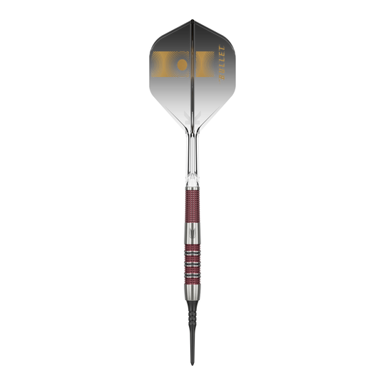 Fléchettes souples Target Stephen Bunting 95K - 19 g Das Bild zeigt einen Target Stephen Bunting 95K Softdart mit einem Gewicht von 19 Gramm. Der Dart hat ein elegantes schwarzes und silbernes Design mit roten Griffbereichen und einer schwarzen Flight mit goldenen Akzenten.