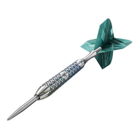 Fléchettes en acier Target Rove 03 Swiss Point Das Bild zeigt den Target Rove 03 Swiss Point Steeldart. Der Dart hat einen silbernen, strukturierten Schaft und grüne Flights.