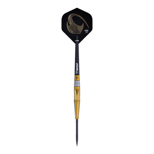 Fléchettes en acier Bulls Stingray ST4 Das Bild zeigt den Bulls Stingray ST4 Steeldart mit einem eleganten Design in Schwarz und Gold. Der Dart hat eine schlanke Form und ist mit einem auffälligen Flight ausgestattet.