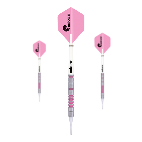 Fléchettes souples avec autographe de licorne - 19 g Das Bild zeigt drei Softdarts des Produkts "Unicorn Autograph Softdarts - 19g". Die Darts haben pinke Flights und einen silber-weißen Schaft mit pinken Akzenten.