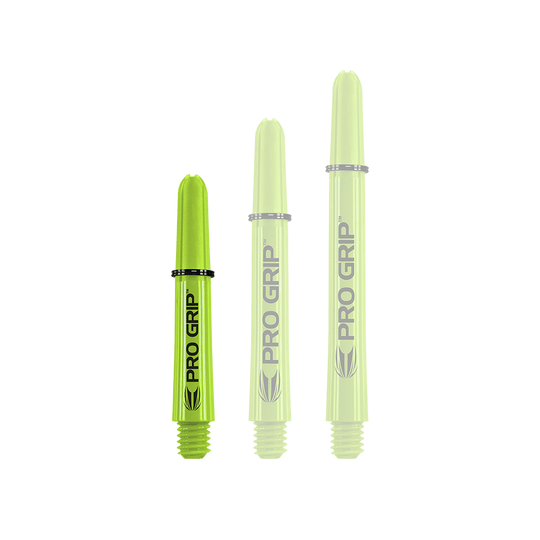 Das Bild zeigt drei limegrüne Pro Grip Shafts in unterschiedlicher Länge. Auf jedem Schaft steht gut sichtbar der Schriftzug "PRO GRIP".