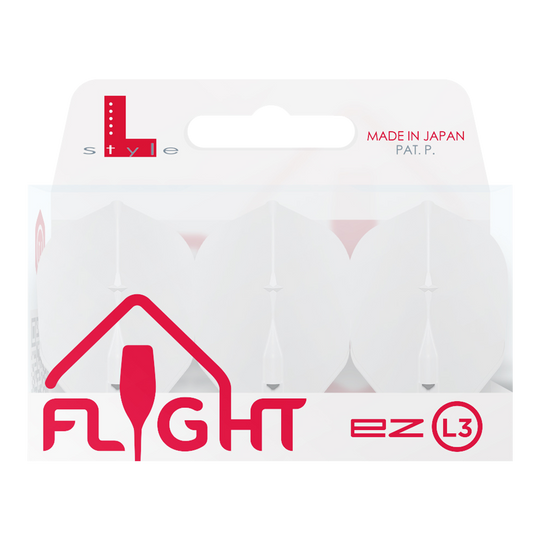 Vols L-L-Style3EZ Auf dem Bild ist eine Verpackung von L-Style Flights für Darts zu sehen. Die Verpackung ist weiß und enthält drei Flights des Typs EZ L3, hergestellt in Japan.