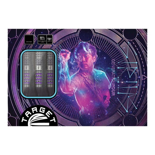 Fléchettes en acier Target Japan Prime Series Sirius GEN4 Swiss Point Die Abbildung zeigt die Verpackung der "Target Japan Prime Series Sirius GEN4 Swiss Point Steeldarts". Auf dem Cover ist ein farbenfrohes, futuristisches Design mit einer Person und drei Darts zu sehen.