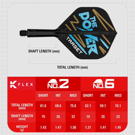 Système de flèche standard Target K-Flex Phil Taylor n° 2 Das Bild zeigt das Produkt „Target K-Flex Phil Taylor No2 Standard Flights“ mit einer grafischen Darstellung und Maßen. Unten sind Tabellen mit Längen- und Gewichtsangaben für verschiedene Größen des Produkts abgebildet.