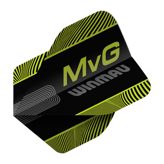 Vols standard Winmau Prism Delta MvG Noir Vert Texte N°2 Abgebildet sind die Winmau Prism Delta MvG Black Green Text No2 Standard Flights. Diese Dart-Flights haben ein schwarzes und grünes Farbmuster mit Schriftzug.