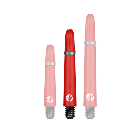 Tiges en carbone Shot Koi - Rouge Das Bild zeigt drei rote Dartschafts in unterschiedlichen Längen. Sie haben schwarze Gewinde und Silberringe zur Befestigung.