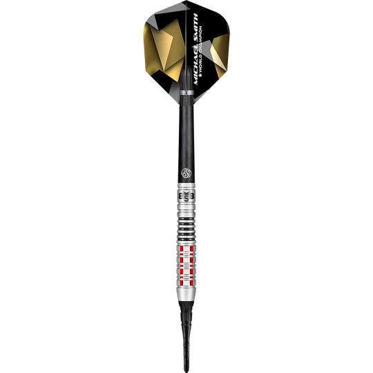 Shot Michael Smith Croyez aux fléchettes souples Das Bild zeigt den Softdart „Shot Michael Smith Believe“. Der Dart hat ein schwarzes Flight mit goldenen Akzenten und eine silberne Spitze mit roten Ringen.