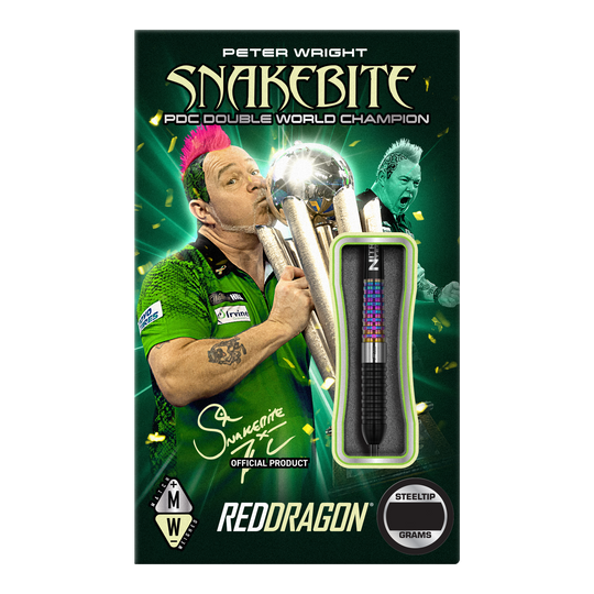 Fléchettes en acier Red Dragon Peter Wright Corra Das Bild zeigt die Verpackung der "Red Dragon Peter Wright Corra Steeldarts". Auf der Verpackung ist Peter Wright mit einer Trophäe sowie ein Dartpfeil abgebildet.