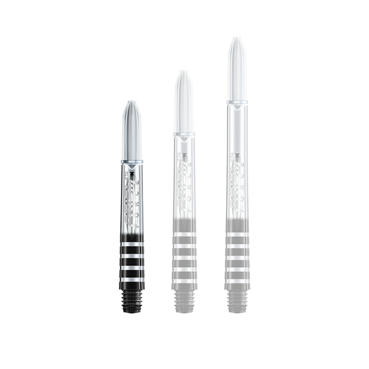 7020-106_Winmau_Prism_Force_Shafts_Clear_35mm_14nyeBjciOhjoP Das Bild zeigt drei transparente Dartschäfte in unterschiedlichen Längen. Die Schäfte haben schwarze und silberne Ringe am unteren Ende.