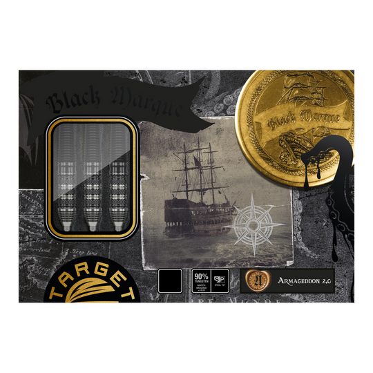 Fléchettes en acier Target Japan Black Marque Armageddon GEN2 Swiss Point Das Bild zeigt die Verpackung der "Target Japan Black Marque Armageddon GEN2 Swiss Point Steeldarts". Auf der Verpackung sind drei Darts, ein altes Segelschiff und goldene Münzen abgebildet.