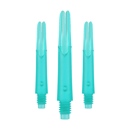 Das Bild zeigt drei türkisfarbene Dartshafts aus Kunststoff in einer Reihe. Sie haben ein gerades Design und sind unten mit einem Gewinde versehen.