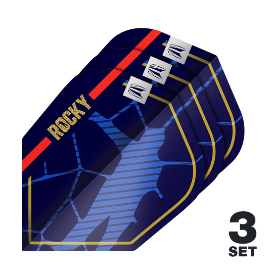 Das Bild zeigt drei Sätze der Target Pro Ultra Josh Rock GEN1 No6 Flights. Die Flights sind dunkelblau mit goldenen, roten und blauen Designelementen sowie dem Schriftzug "ROCKY".