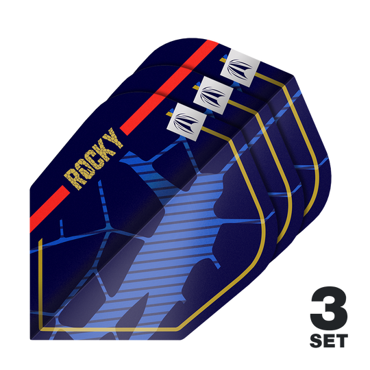 Ailettes Target Pro Ultra Josh Rock GEN1 n°6 - 3 jeux Das Bild zeigt drei Sätze der Target Pro Ultra Josh Rock GEN1 No6 Flights. Die Flights sind dunkelblau mit goldenen, roten und blauen Designelementen sowie dem Schriftzug "ROCKY".