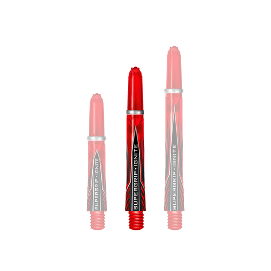 HR384_Harrows_Supergrip_Ignite_Shafts_Rot_40mm_1 Das Bild zeigt drei rote Harrows Supergrip Ignite Shafts in verschiedenen Längen. Die Shafts haben ein auffälliges Design mit schwarzen und silbernen Akzenten.