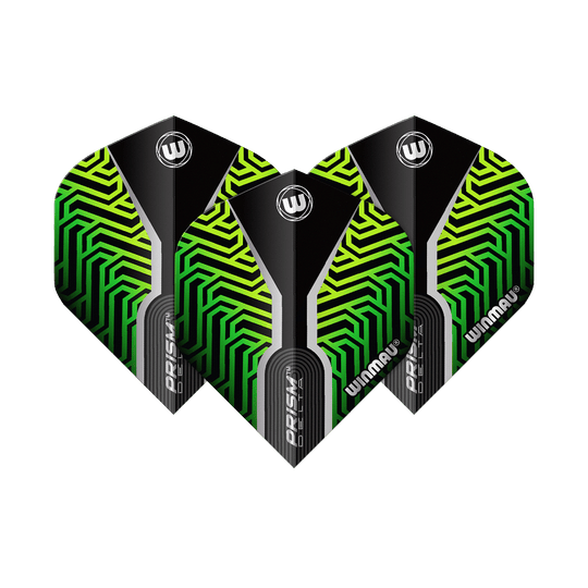 Das Bild zeigt drei Dart-Flights des Modells "Winmau Prism Delta Kairos No2 Standard" in Grün. Die Flights haben ein auffälliges Muster in Grün und Schwarz mit weißen Akzenten und dem Winmau-Logo.