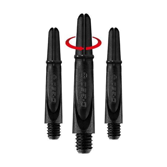 HR458_Harrows_Carbon_360_Shafts_Schwarz_35mm_1-_Symbol Das Bild zeigt drei schwarze Harrows Carbon 360 Shafts für Dartpfeile. Über dem mittleren Shaft ist ein roter Pfeil, der eine Drehbewegung anzeigt.