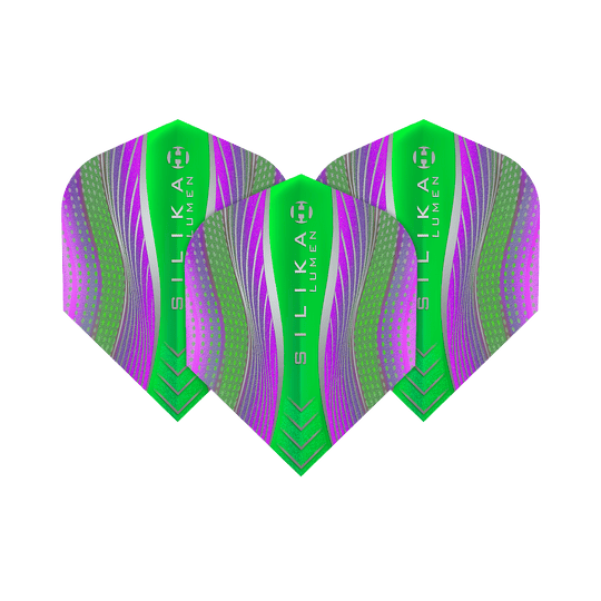 Das Bild zeigt drei Harrows Silika Lumen Purple Green No6 Flights. Die Flights sind in leuchtenden Grün- und Lilatönen mit modernen Mustern gestaltet.