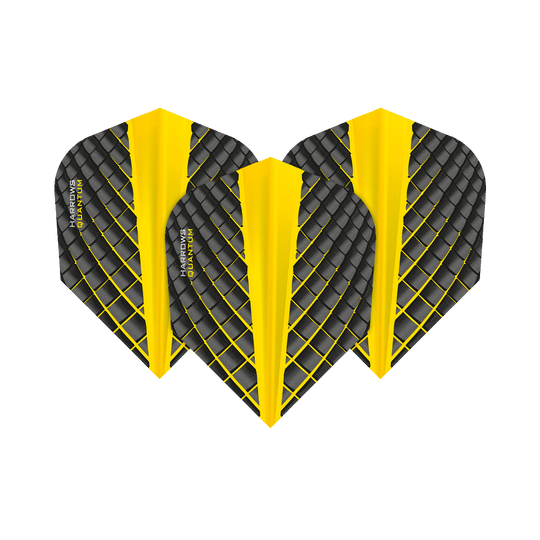 HR6809_Harrows_Quantum_Gelb_No6_Flights_1HPu4XqgIUNpuN Das Bild zeigt drei Harrows Quantum Gelb No6 Flights für Dartpfeile. Sie sind schwarz-gelb gemustert mit einem auffälligen Rautenmuster.