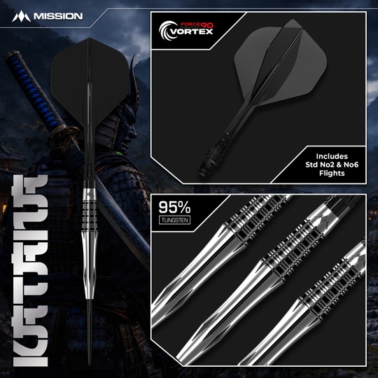 Auf diesem Bild sieht man die Mission Katana Steeldarts. Sie sind beliebt wegen ihrer hochwertigen Verarbeitung und optimalen Flugeigenschaften.