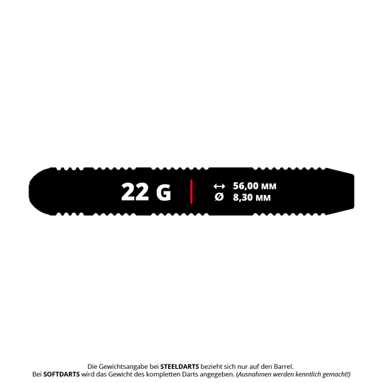 Fléchettes en acier laiton Target Josh Rock - 22 g Das Bild zeigt die Maße des Produkts "Target Josh Rock Brass Steeldarts - 22g". Der Dart wiegt 22 Gramm, ist 56,00 mm lang und hat einen Durchmesser von 8,30 mm.