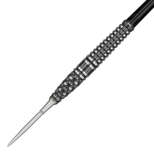 Target Japan Paul Lim The Legend GEN8 Swiss Point Steeldarts - 24 g Das Bild zeigt einen Target Japan Paul Lim The Legend GEN8 Swiss Point Steeldart mit 24g Gewicht. Der Dart hat ein detailreiches, strukturiertes Griffdesign in Schwarz und Silber.