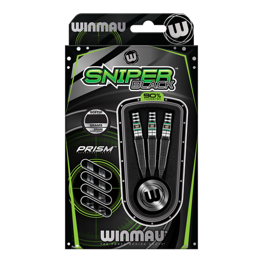 Fléchettes souples Winmau Sniper Black 2025 - 20 g Die Abbildung zeigt die Winmau Sniper Black 2025 Softdarts mit einem Gewicht von 20 Gramm. Die Verpackung ist in Schwarz und Grün gehalten und enthält drei Softdarts mit 90% Tungsten.