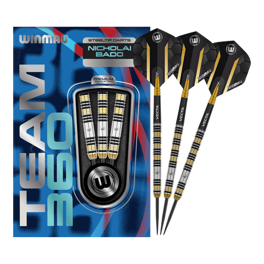 Winmau Team 360 Nicholai Bado Steeldarts - 23g Das Bild zeigt die Winmau Team 360 Nicholai Bado Steeldarts mit 23 Gramm. Diese Darts sind für Präzision und Leistung im Spiel entwickelt.