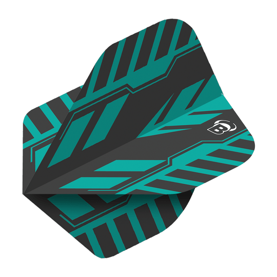 Vols standard Bulls B-Star Veco n°2 Das Bild zeigt das Produkt "Bulls B-Star Veco No2 Standard Flights". Es hat ein modernes, grafisches Design in Schwarz und Türkis mit einem weißen "B"-Logo.