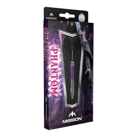 Fléchettes Mission Phantom en laiton et acier - 22 g Die Abbildung zeigt die Verpackung der "Mission Phantom Brass Steeldarts - 22g". Die Verpackung ist überwiegend lila und schwarz gestaltet und zeigt einen Dartpfeil sowie eine geheimnisvolle, schattenhafte Figur im Hintergrund.